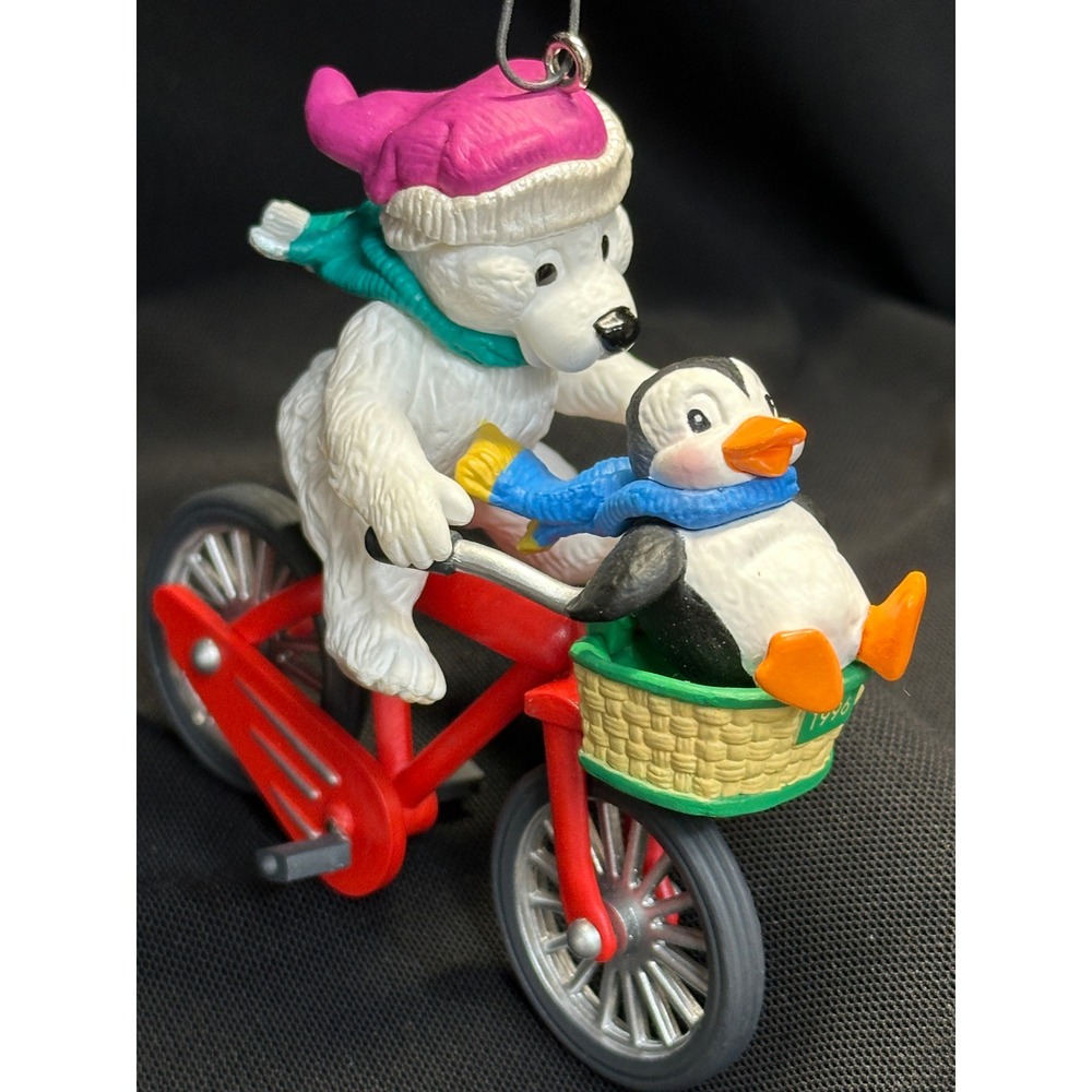 Vintage 1996 Hallmark Special Delivery Polar Bear Penguin Bicycle Ornament w Box